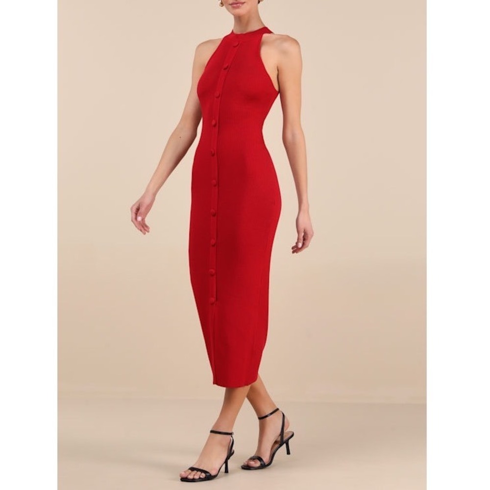 NWT Lulus Sunia Red Sleeveless Button-Front Midi Sweater Dress Large